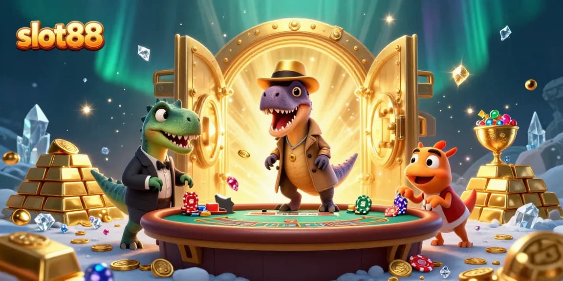 Permainan slot88 yang menarik, menampilkan karakter lucu dan elemen kasino yang menggugah semangat.