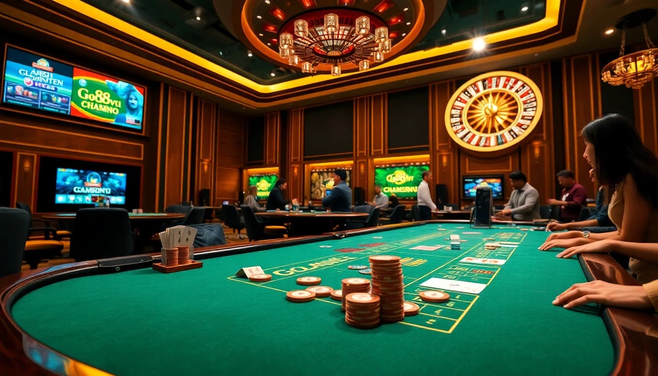 Experience the excitement of Go88vn at a luxurious casino poker table with professional players.