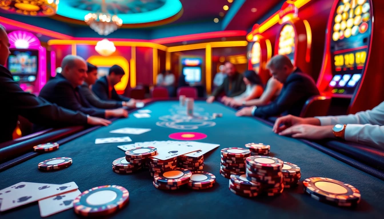 Exciting scene at clubs casino with vibrant poker game, colorful chips, and elegant cards.