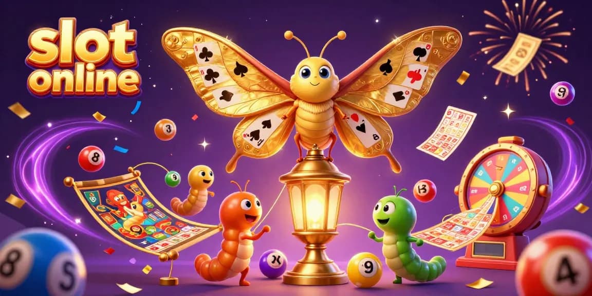 Jelajahi slot online dengan simbol permainan dan bola lotere melayang di sekitar mural bertema kasino yang berkilauan.
