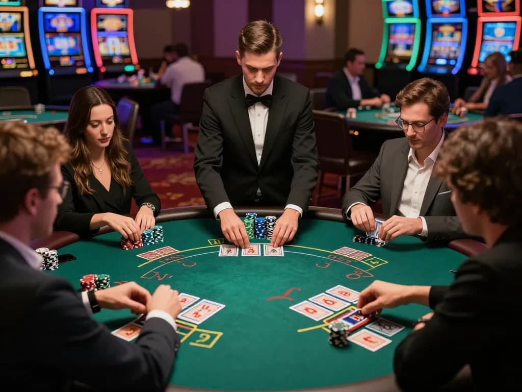 Players at a blackjack table strategizing their bets at nhà cái bl555, showcasing intense focus and energy.
