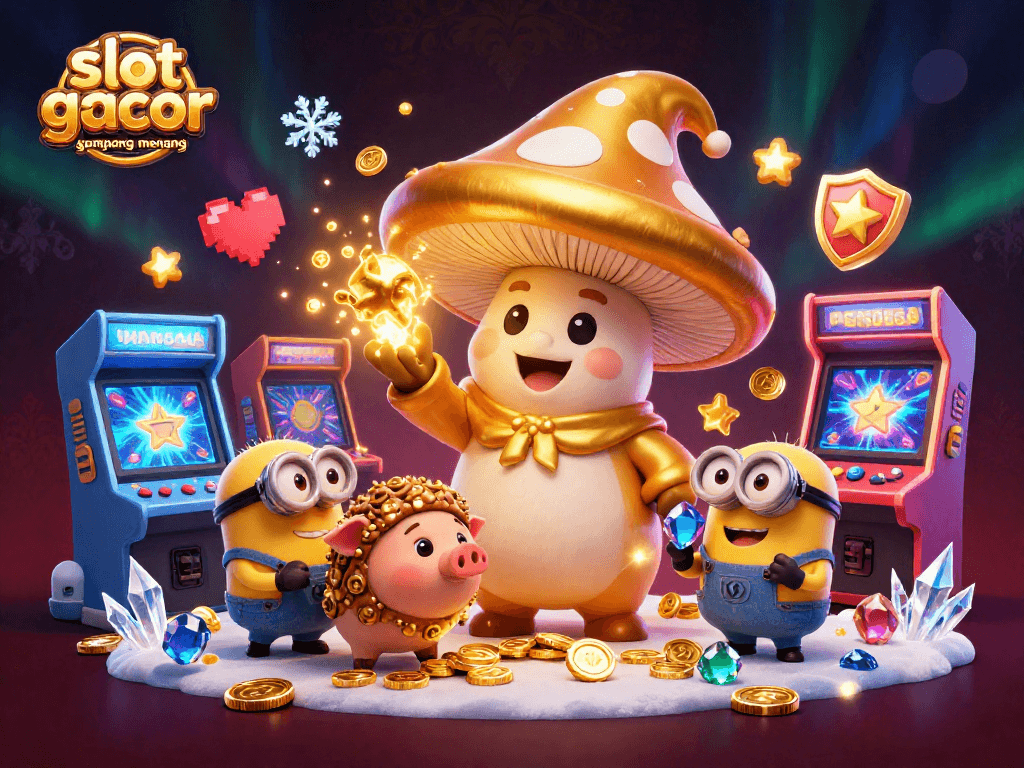 Experience slot gacor gampang menang with this vibrant 3D illustration showcasing golden treasures and gaming excitement.