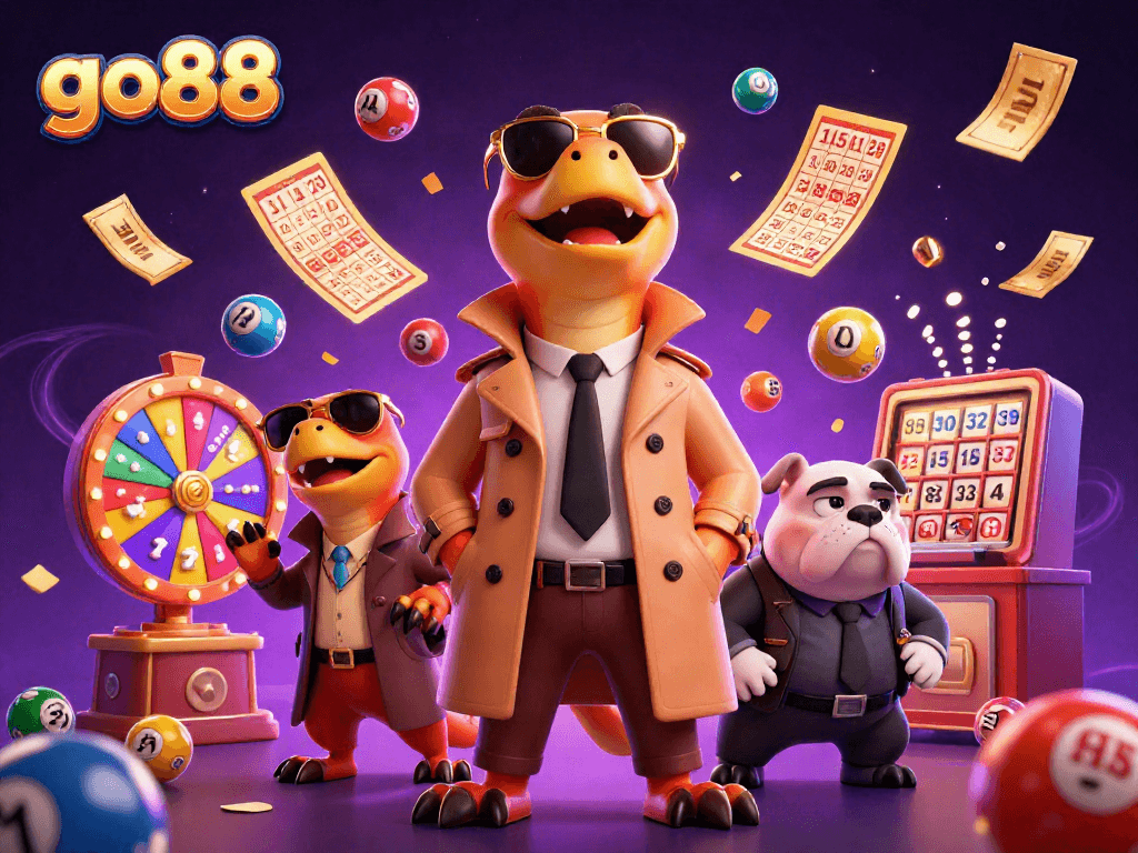 Experience excitement with go88 as raptors enter a VIP casino lounge amid colorful game elements.