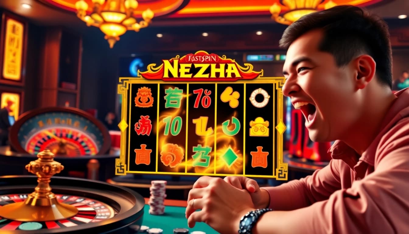 รีวิว Nezha FastSpin showcasing an exciting casino scene with vibrant slot game visuals.