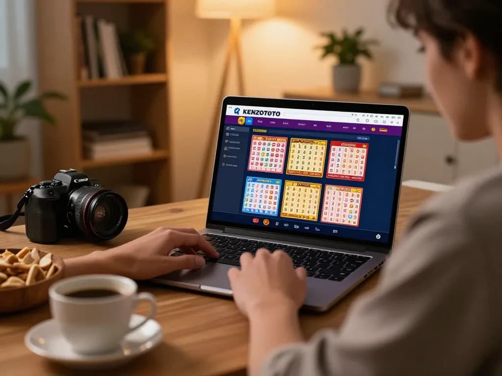 Orang menggunakan KENZOTOTO untuk perjudian online, tablet menampilkan hasil Toto Macau 4D di suasana rumah yang nyaman.