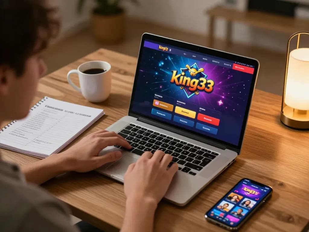 Engaged player exploring king33 online casino on laptop, focused on winning strategies in a cozy setting.