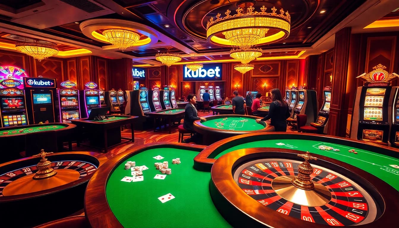 Kubet casino scene with players engaging at poker tables and a spinning roulette wheel, embodying luxury.