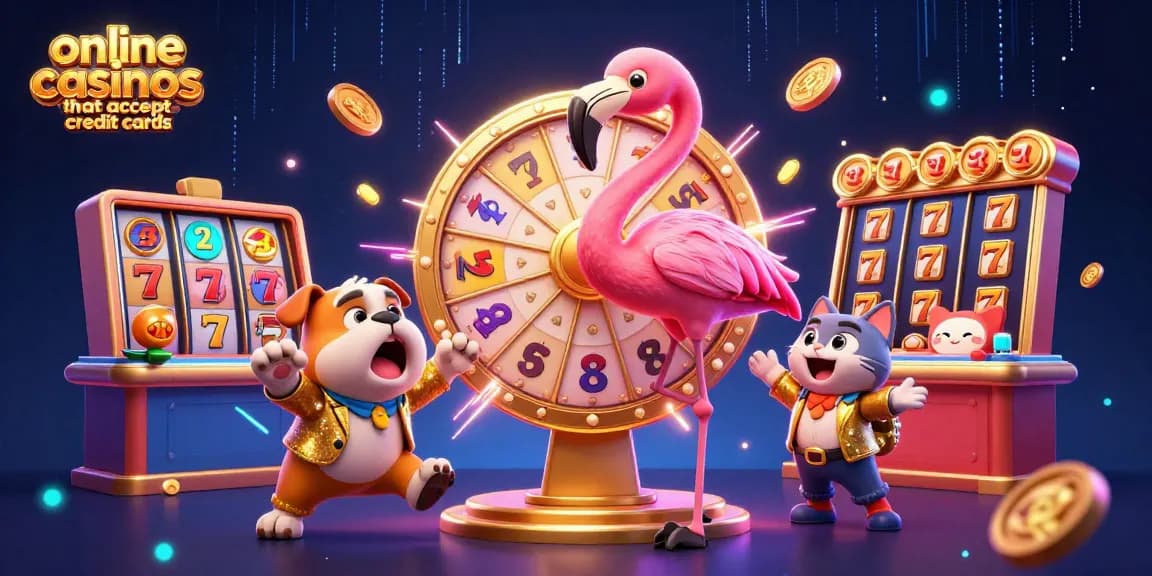 Engage with online casinos that accept credit cards featuring lively game characters and dynamic elements amidst a festive casino atmosphere.