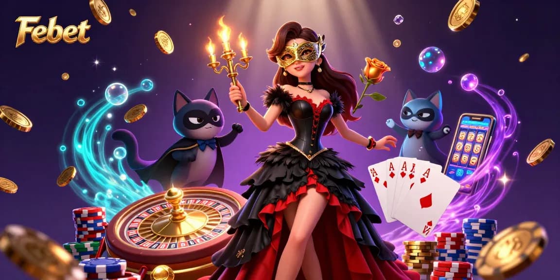 Experience thrilling wins with Febet at this dynamic casino illustration showcasing glamour and fortune.
