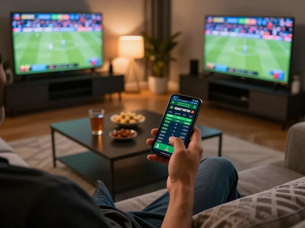 SBOBET NET88 user placing bets on a mobile app while enjoying a live sports event at home.