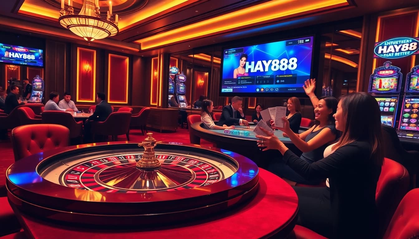 Experience the thrill at HAY88 with players celebrating wins at an upscale casino gaming scene.