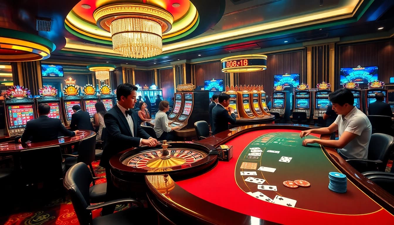 Players at luxurious casino tables enjoying games and betting on rajatoto88 with excitement.