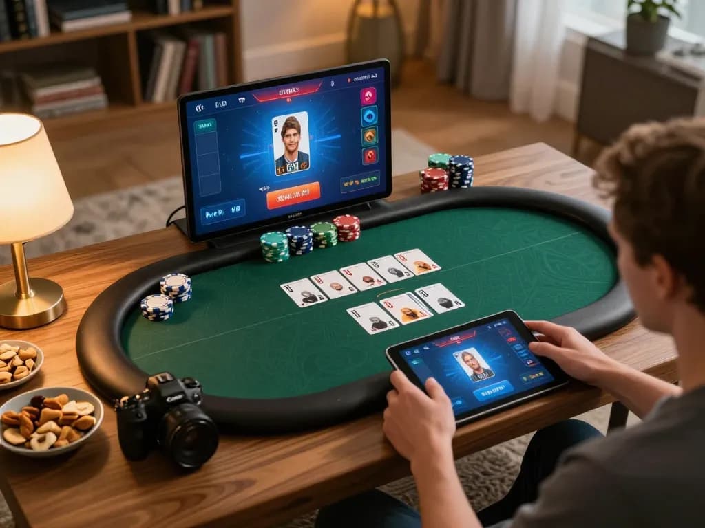king33 online poker player engaging in a game on a cozy tablet setup with snacks and warm lighting