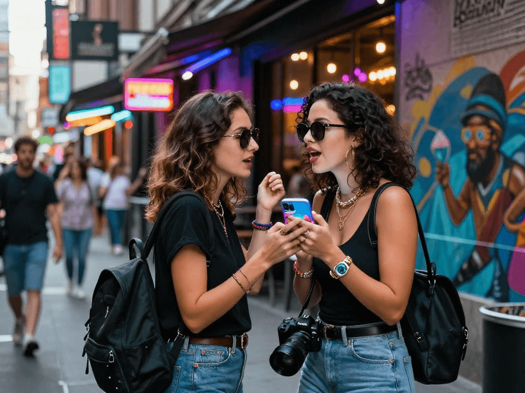 Đêm phố sôi động với gái gọi, đèn neon sáng và bạn bè vui vẻ.