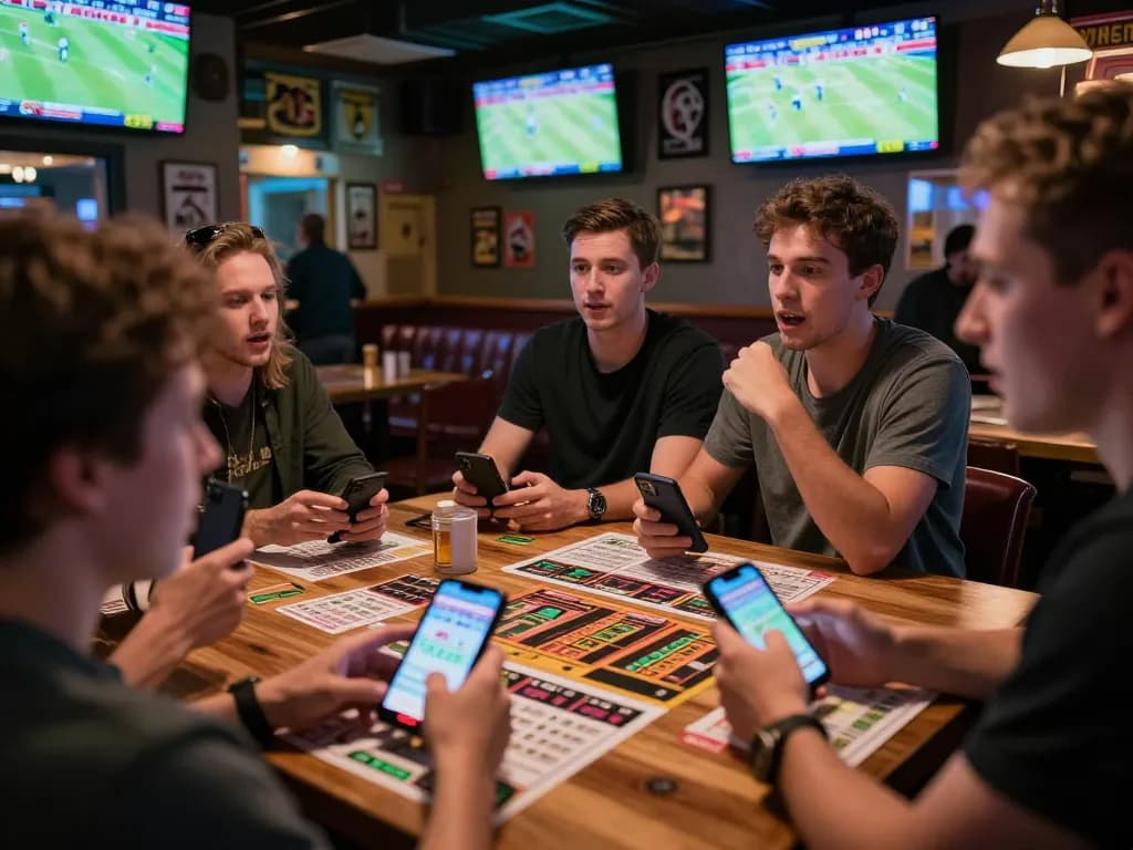 Fans placing bets on their smartphones at a lively sports betting venue with 789win