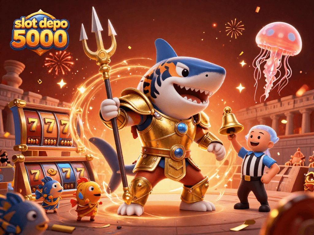 Experience the excitement of slot depo 5000 with thrilling 3D characters and gaming elements in a vibrant scene.