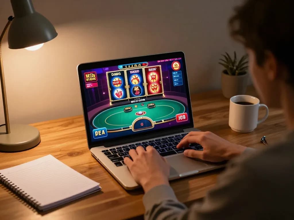 Engaged in online casino gaming on https://rikbet.global/ with strategic gameplay on laptop.