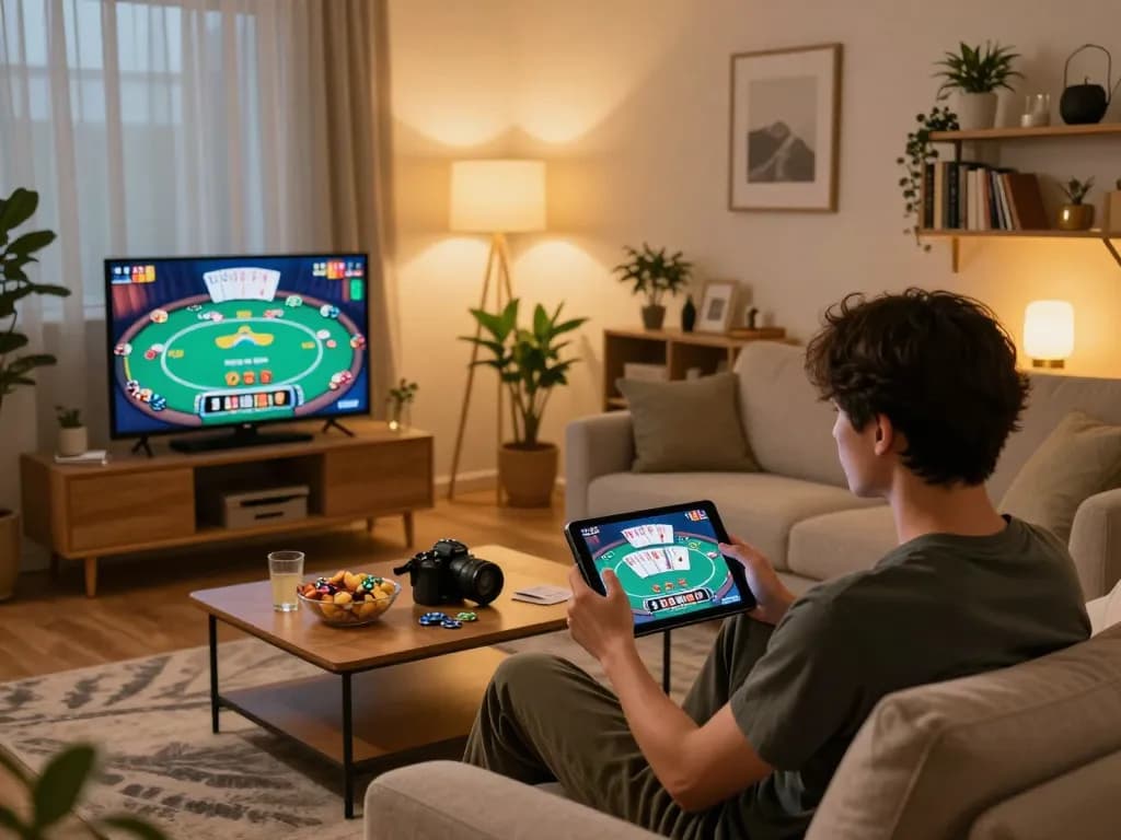 bk8 player enjoying an exciting online casino game on a tablet in cozy home setting