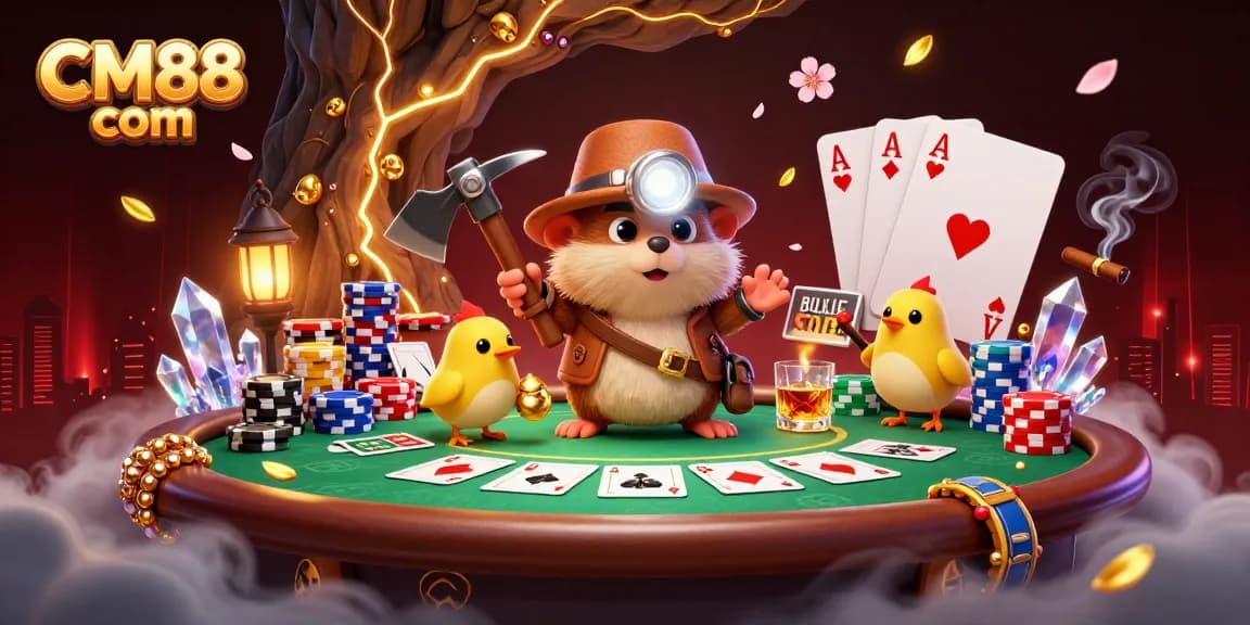 Experience thrilling poker action with CM88 com, showcasing a treasure hunter mole and poker chips.