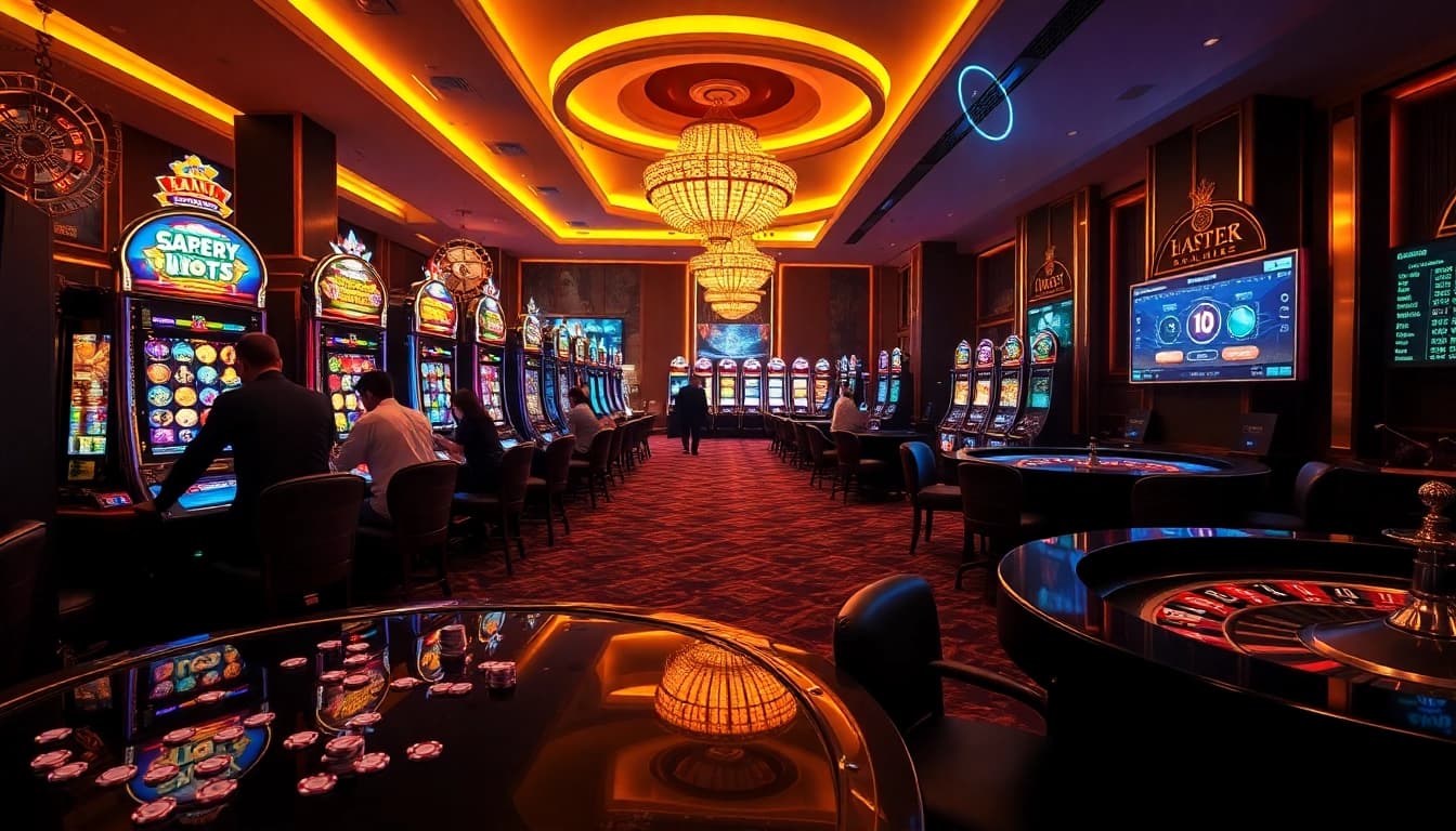 Situs slot demo showcasing players engaged in vibrant slot machines in a luxurious casino setting.