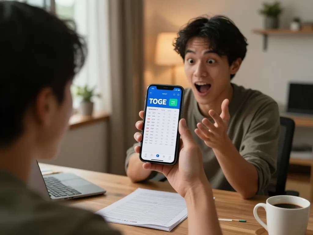Pemain menikmati permainan bandar togel di aplikasi mobile di kantor rumah yang nyaman
