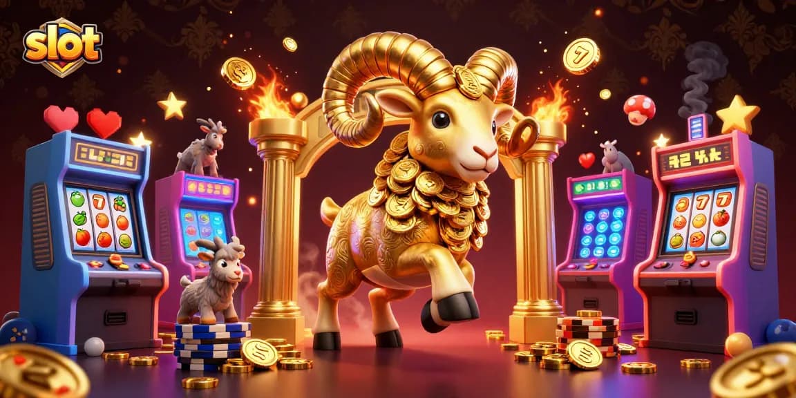 Engage in a thrilling slot game experience with a golden ram charging at jackpot reels in a vibrant casino.