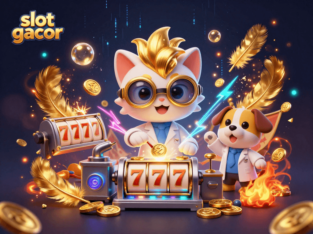 Spin the reels with slot gacor in a vibrant casino lab scene filled with golden coins and magical elements.