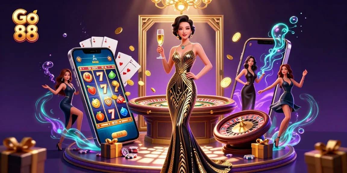 Engage with thrilling Go 88 casino action featuring vibrant slot games, poker chips, and roulette.
