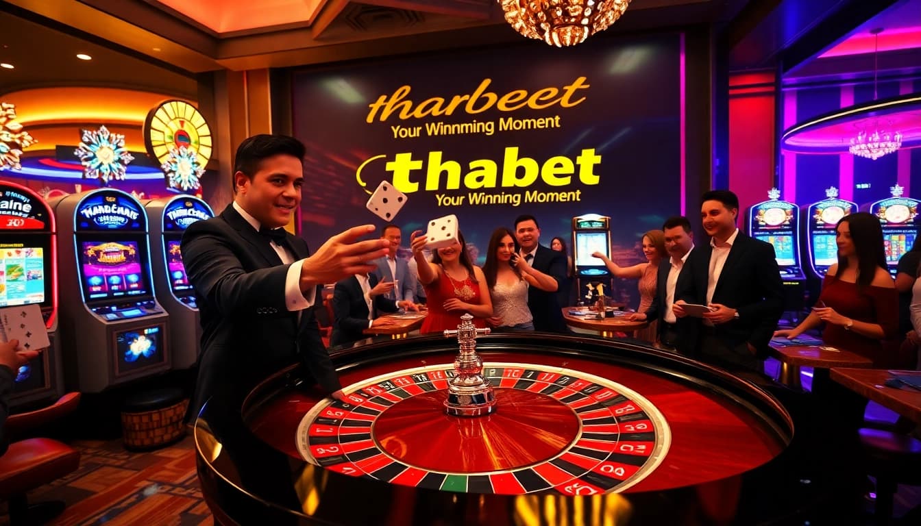 Players enjoying a thrilling game at Thabet casino with vibrant roulette and slot machines.