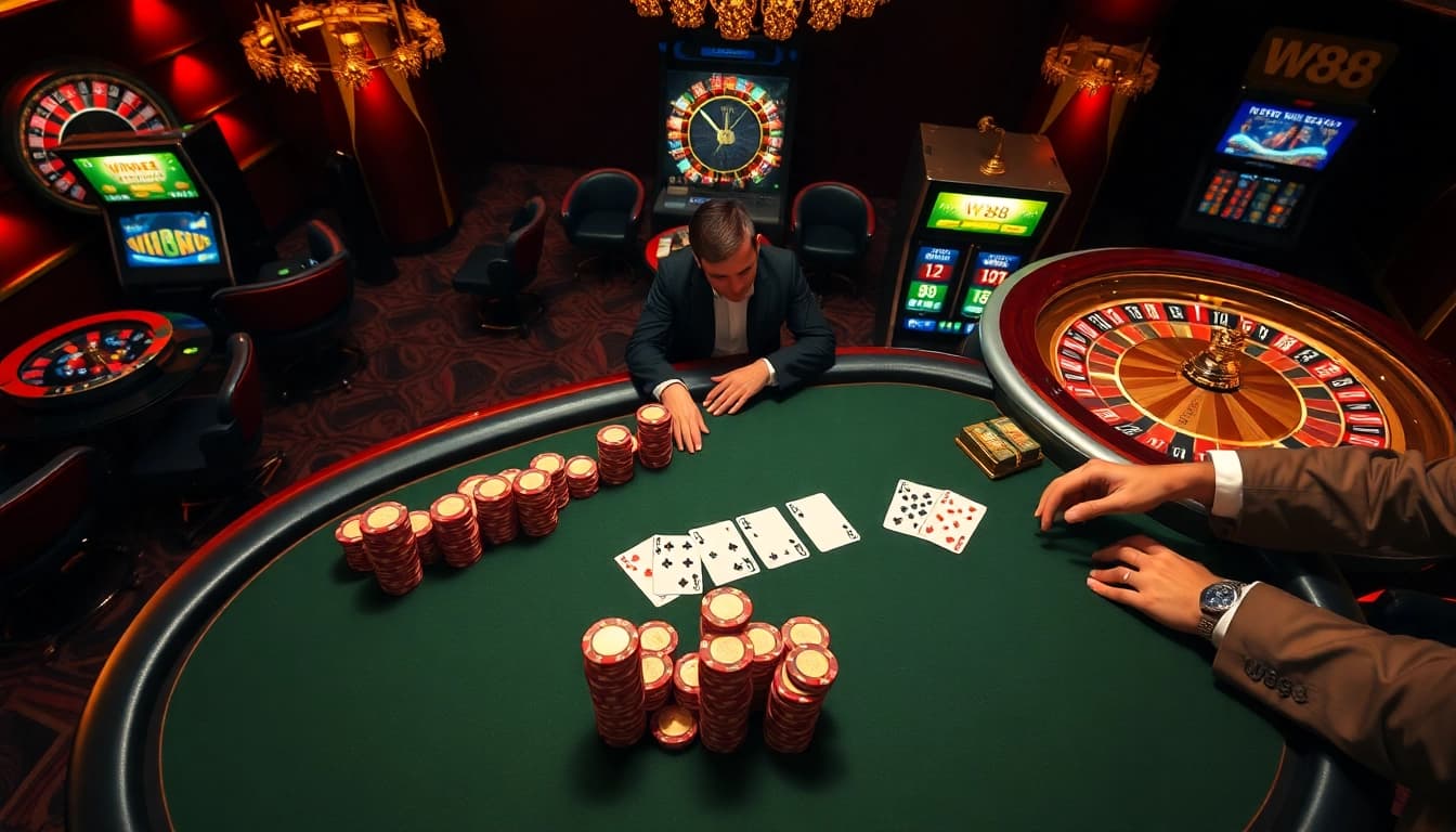 W88 poker table showcasing high-stakes gameplay with cards and chips.