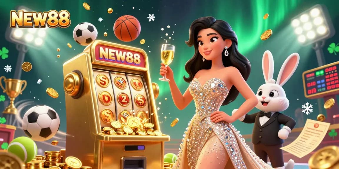 Bet on exciting games at NEW88 with a glamorous woman celebrating a jackpot!