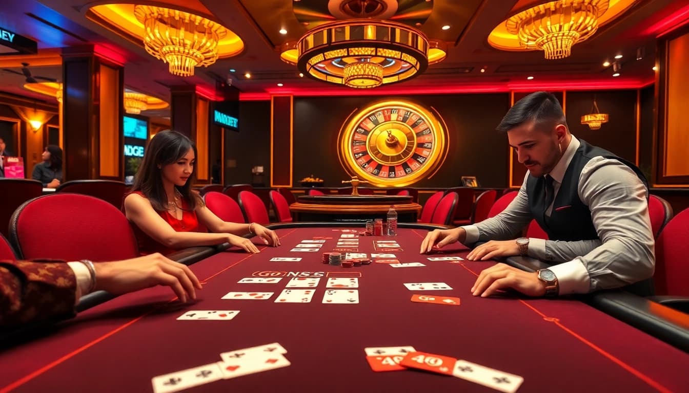 Go 8 players strategizing at a high-stakes poker table in an upscale casino setting.
