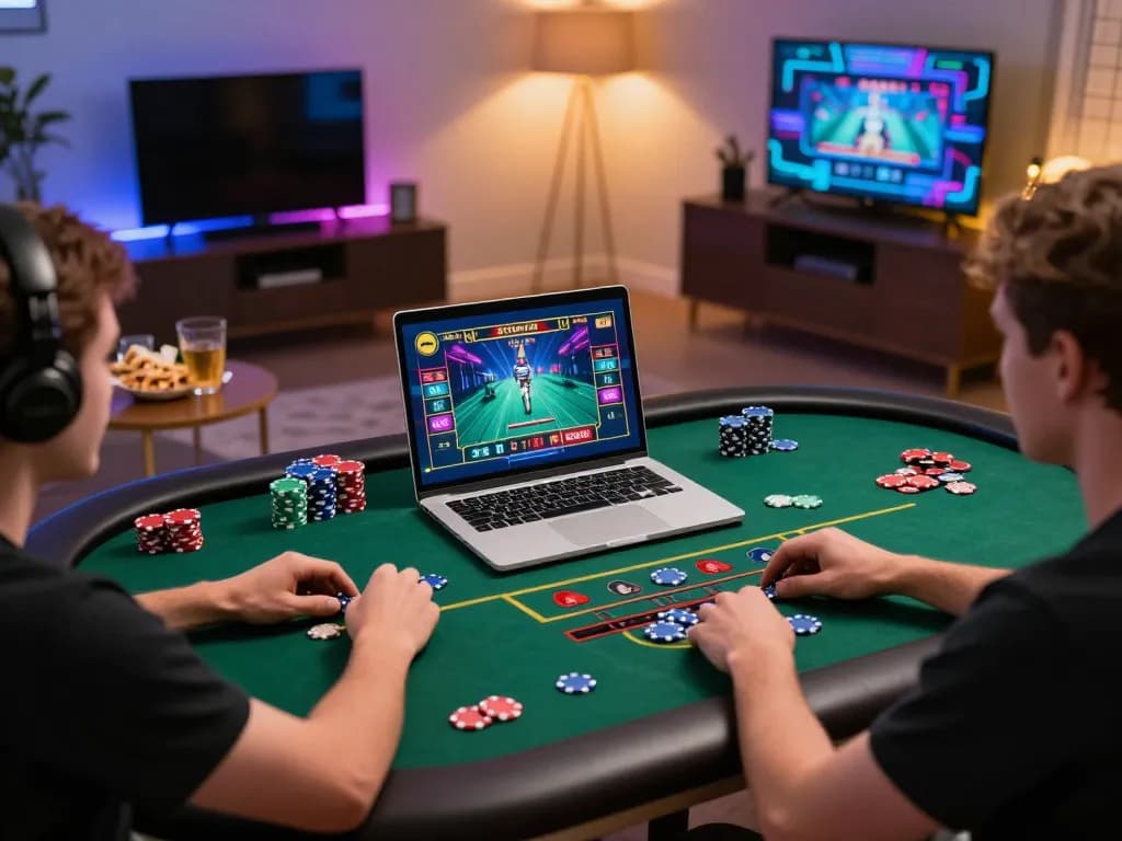 Exciting online gaming experience at 98win, showcasing live casino play on a laptop with vibrant graphics.