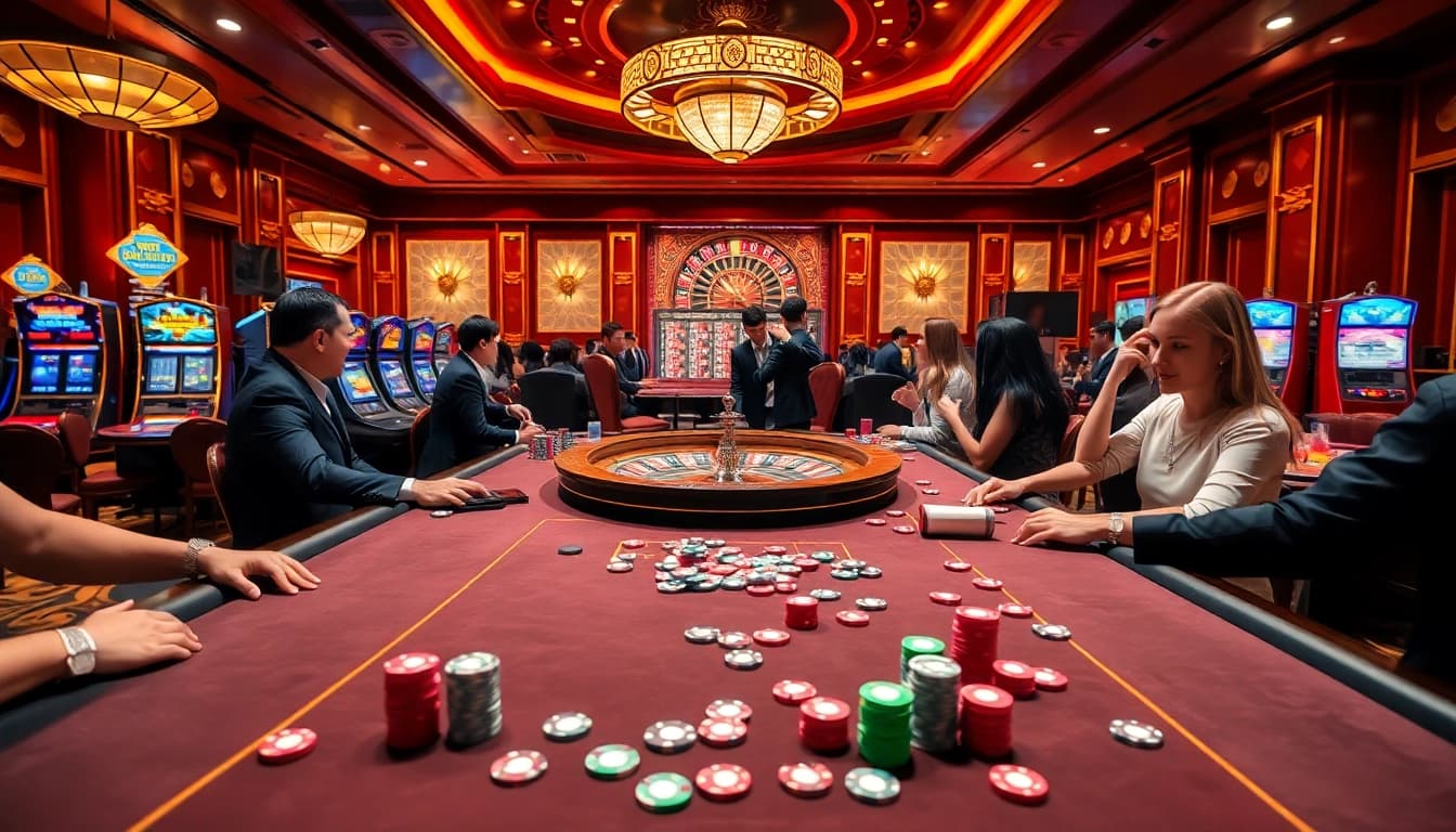 Exciting gambling scene at Nhà Cái 68VIP Có Uy Tín with poker tables and vibrant slot machines.