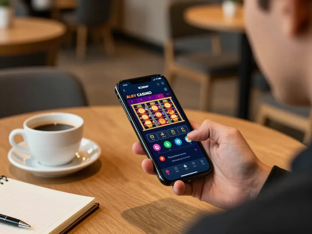 Engaging with Alev Casino kumar app on a smartphone while enjoying coffee, showcasing mobile gambling experience.