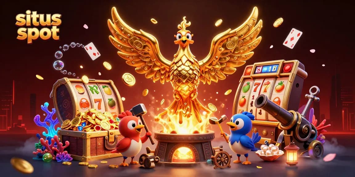 Menghasilkan jackpot besar di situs slot melalui phoenix emas berapi-api dan simbol permainan yang berkilau.