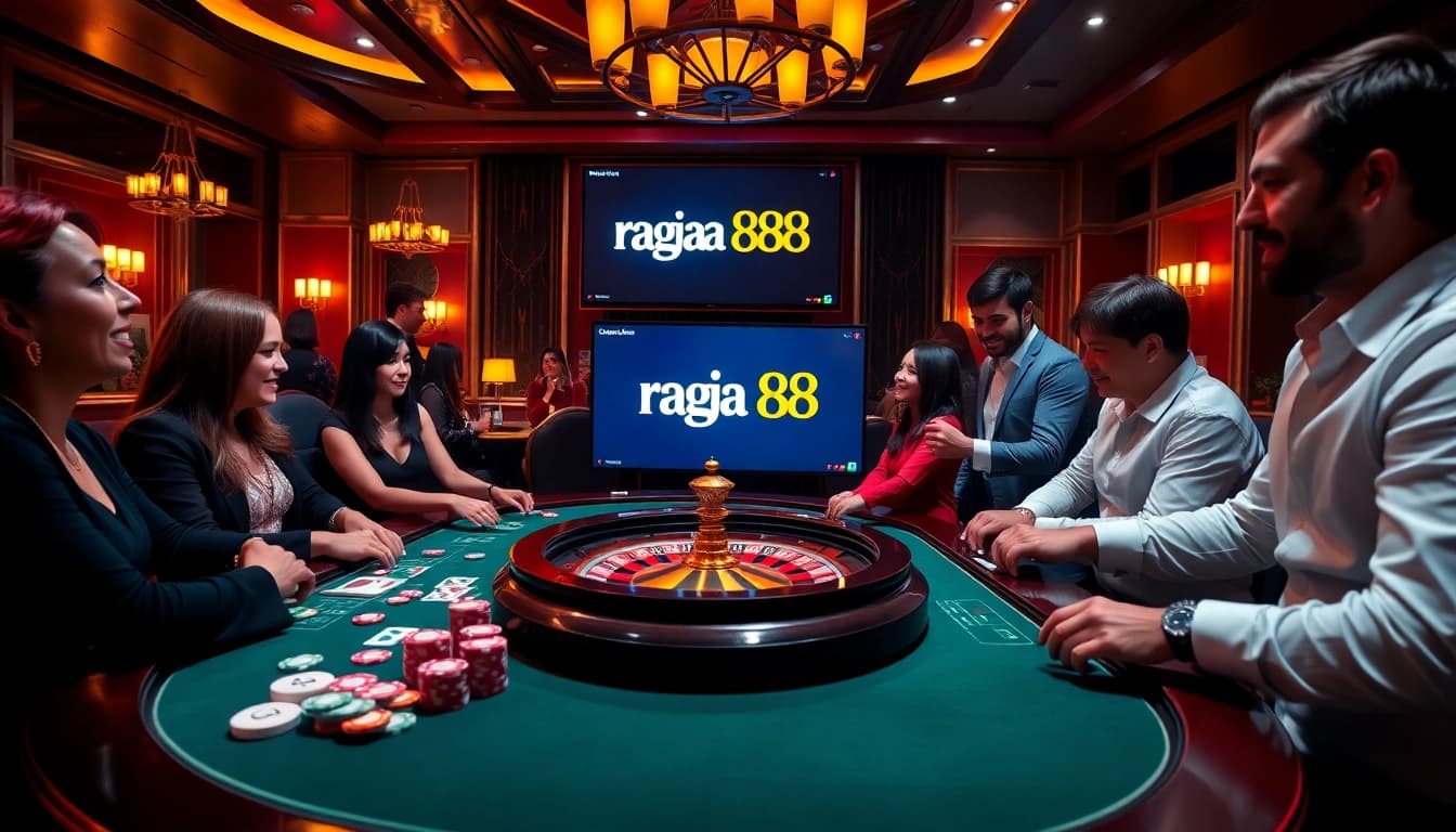 A vibrant casino scene featuring players engaged at the raja 88 gaming table.