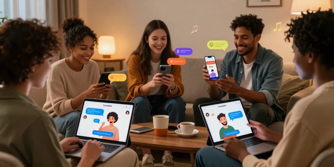 Engaging scene of users interacting with CrushOn AI characters through smartphones and tablets in cozy home settings, showcasing vibrant emotional chats.