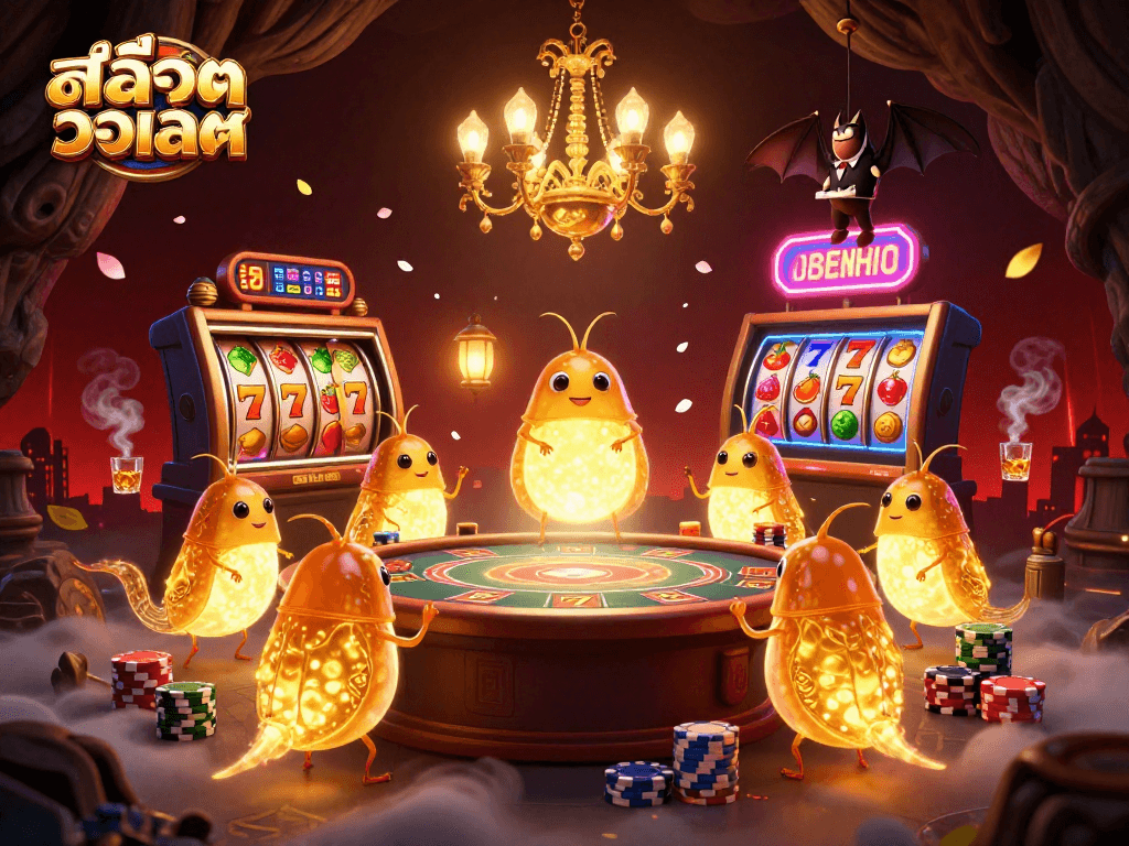 Spin to win atสล็อตวอเลท with a vibrant casino scene featuring glowworms and exciting game elements.