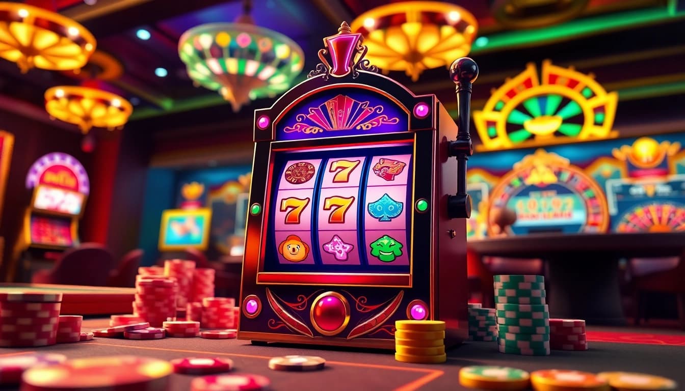 Spin the reels on this exciting slot 2d machine in a vibrant casino atmosphere.