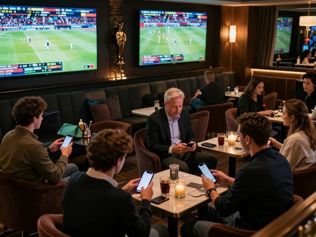 Excited fans engaging with nhà cái 8xbet in a vibrant sports betting lounge filled with live games