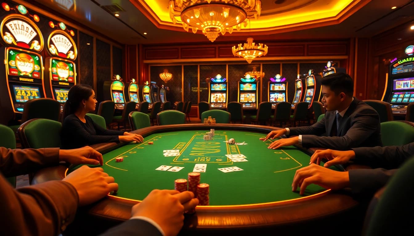 Players enjoy a thrilling poker game at the S8 casino table, surrounded by vibrant slot machines.