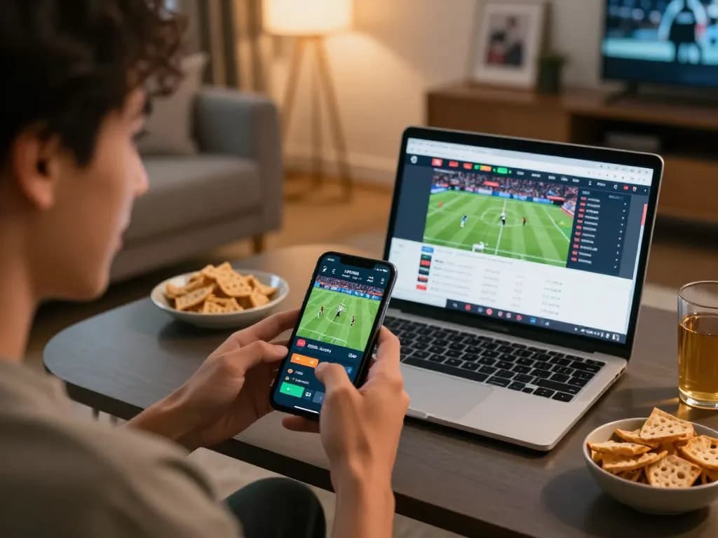 Engaging with kèo nhà cái trực tiếp on a mobile app while watching sports in a cozy home setting.