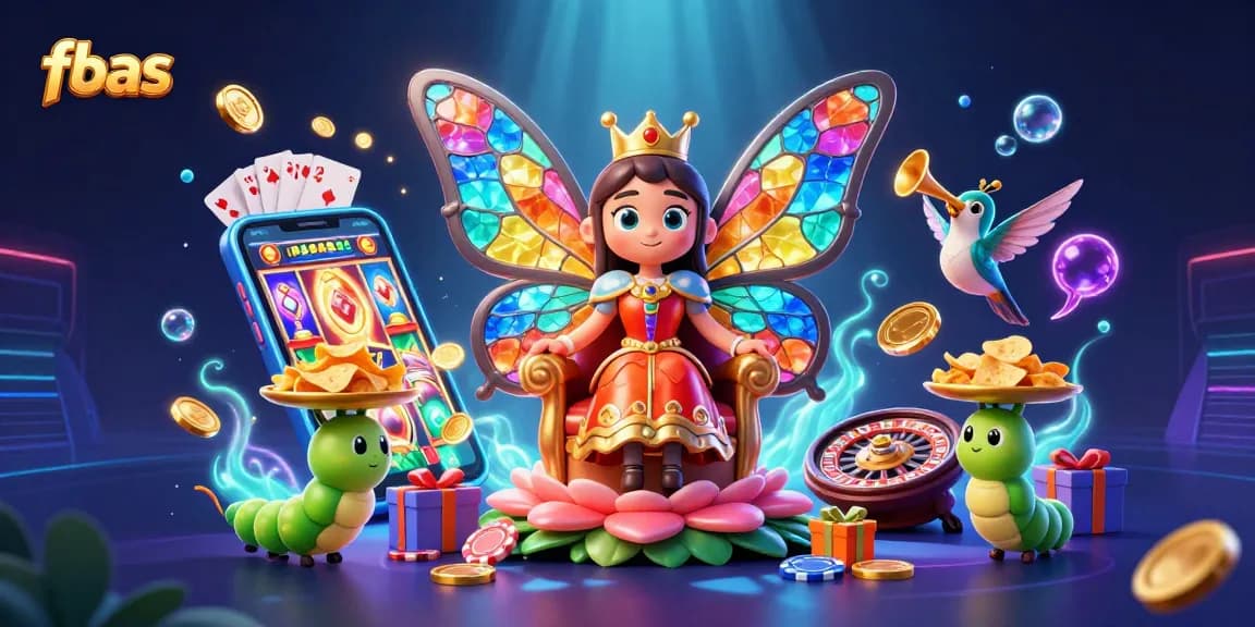 Join fbas in this vibrant casino scene with a butterfly queen, mobile slots, and winning chips.