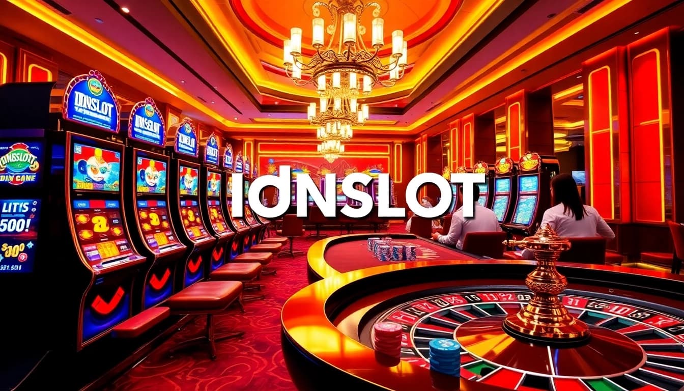 Engaging scene of players enjoying idnslot games in a luxurious casino setting.
