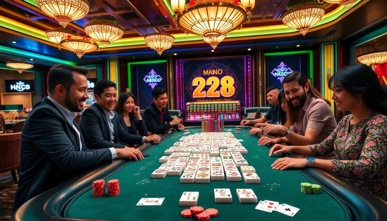 Engaging in the thrilling hz88 game at a luxurious mahjong table in an upscale casino setting.