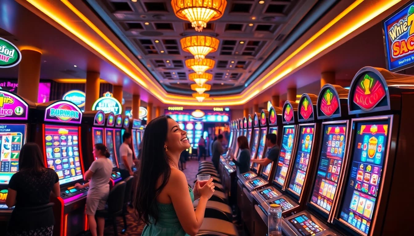 Experience the excitement of slot gacor with players enjoying vibrant machines on a lively casino floor.