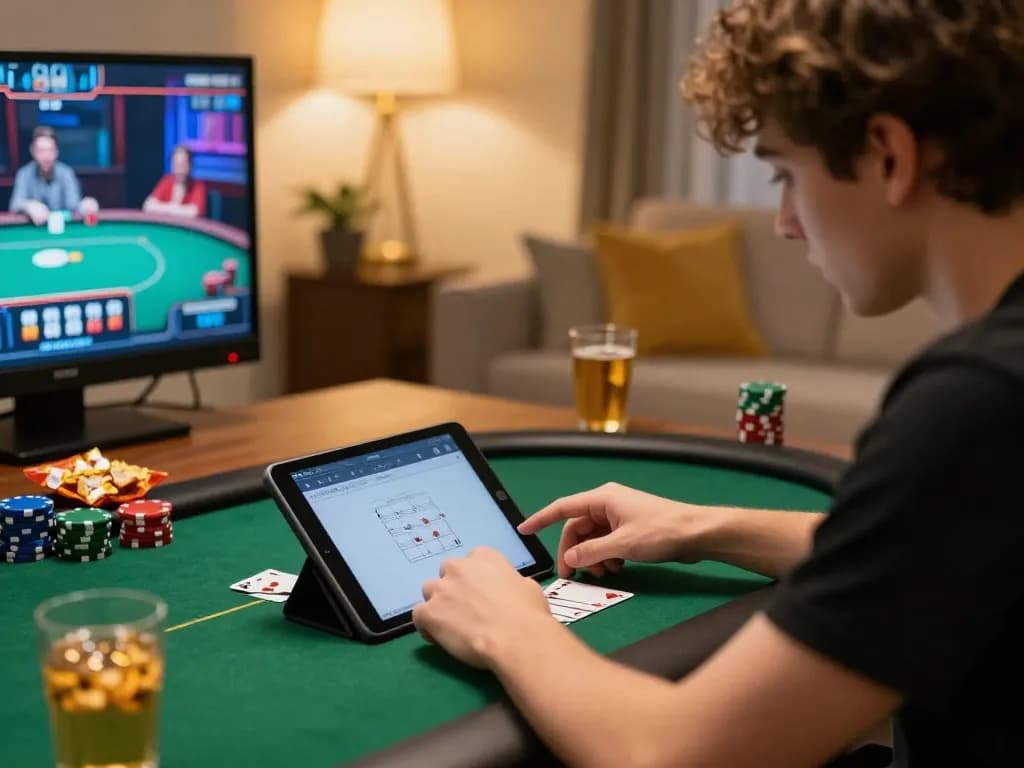 Engaging player using tablet for cm888 online casino poker game in a cozy home setting