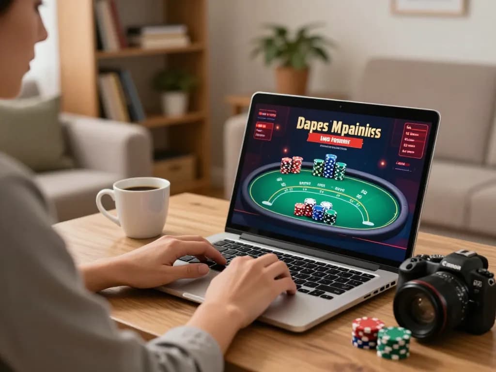 Kuwin online gaming at home with a cozy setup, player engaged in poker on laptop.
