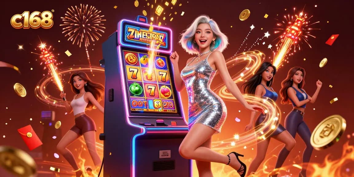 C168 players celebrate jackpot wins with vibrant casino scene and exciting slot machine visuals.